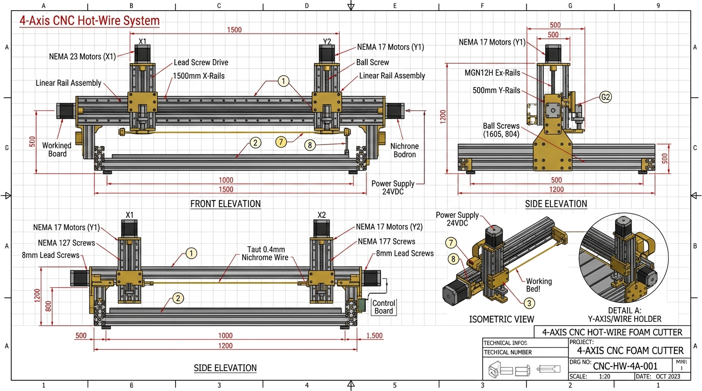4-Axis CNC Foam Cutting Machine CAD Schematic