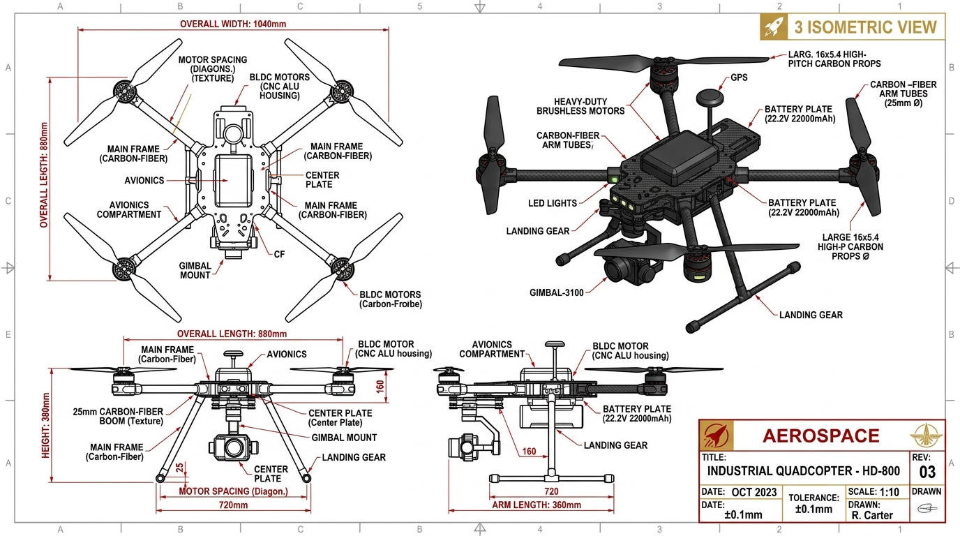 Industrial Heavy Duty Quadcopter Drone CAD Blueprint